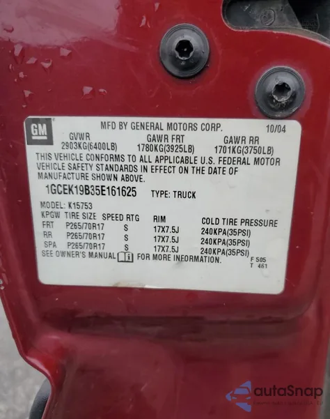 2005 Chevrolet Silverado K1500 from USA, damaged, VIN 1GCEK19B35E161625